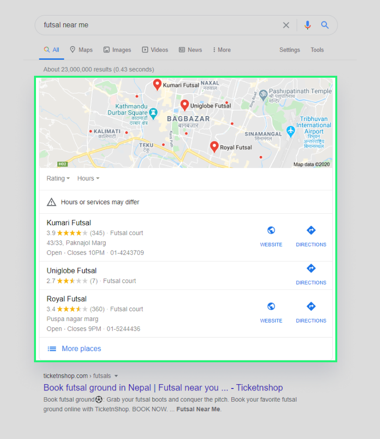 Representing Local Pack listing in SERP for query futsal near me