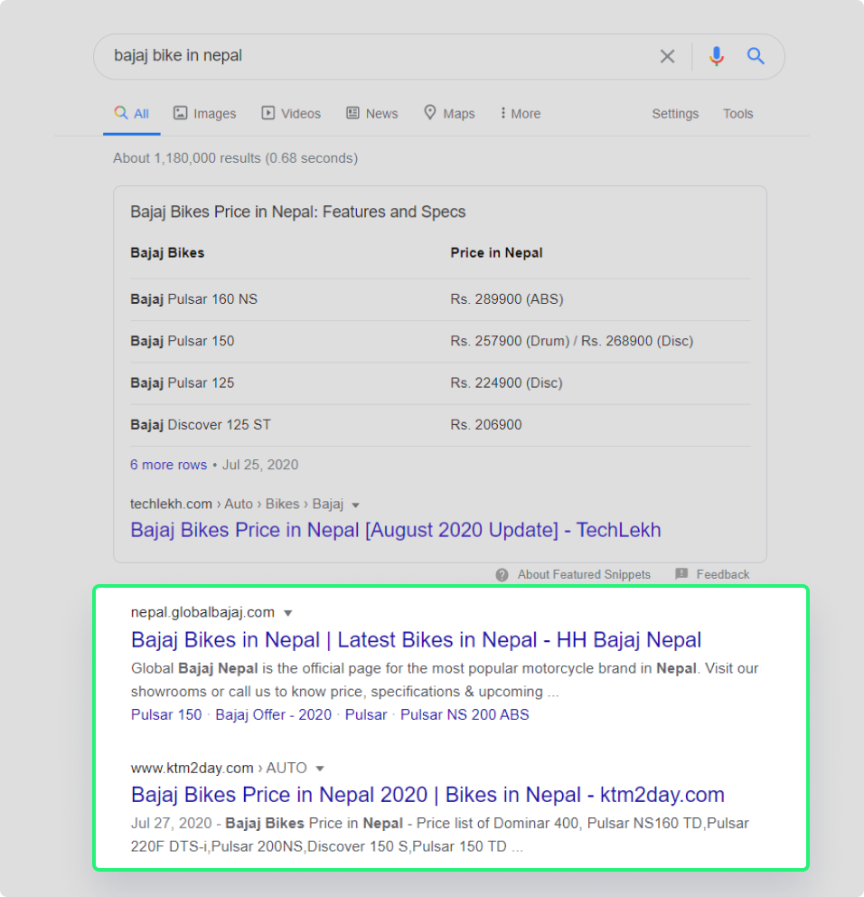 Showing how organic result looks like in SERP
