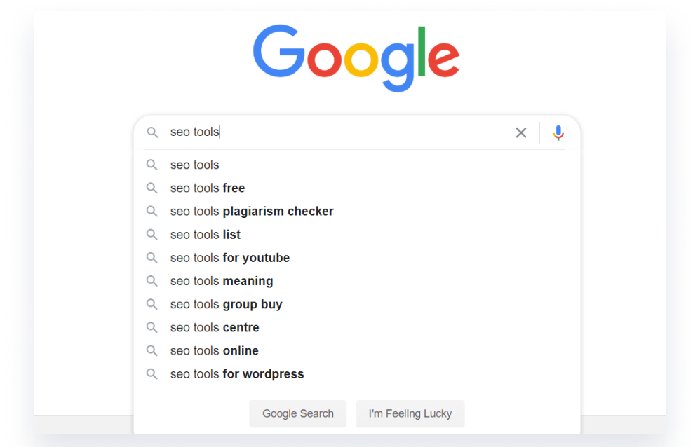 Google Autocomplete shows keyword suggestion for the query seo tools